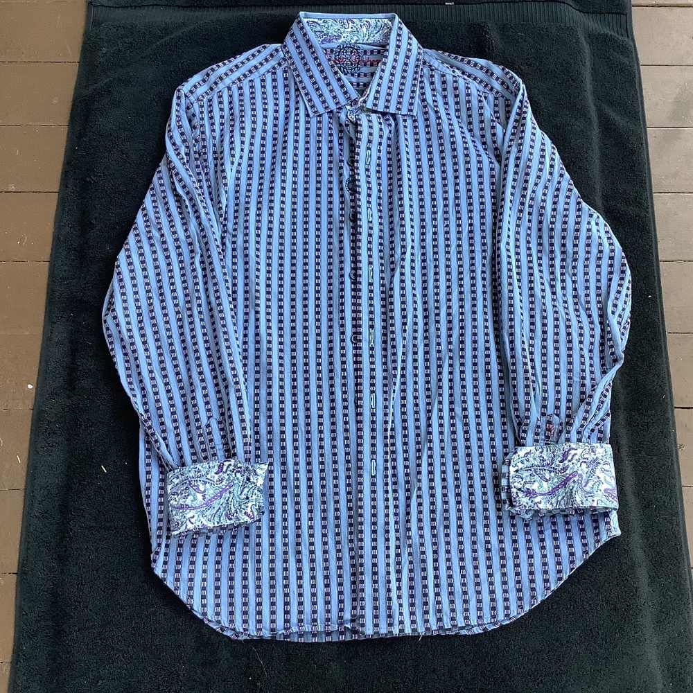 - ROBERT GRAHAM Purple Blue Striped Abstract Mens lrg Long Sleeve Button U…